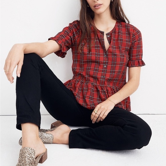 MADEWELL Studio Ruffle-Hem Top in Clanton Plaid Tartan Button Peplum Blouse - Picture 1 of 8